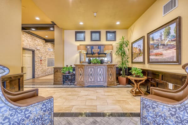 Welcoming lobby with seating and decorative accents.
