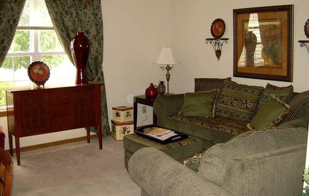 A cozy living room featuring patterned couches and decorative accents.