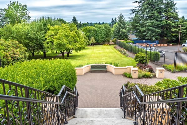 View of the landscaped garden from a staircase