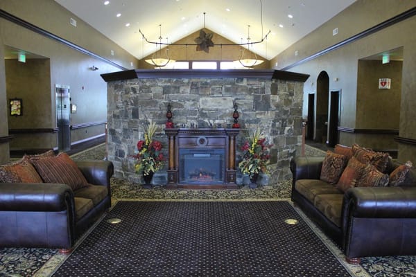 Cozy lobby area with comfortable seating and decorations
