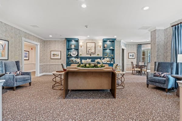 Cozy lobby area with seating and decorative accents