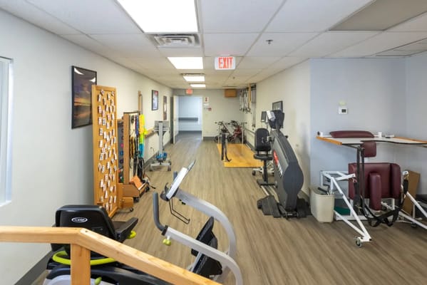 Interior view of a therapy gym with exercise equipment