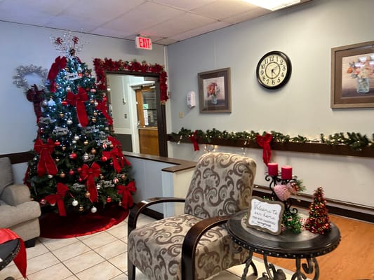 Festive lobby decorated for the holidays