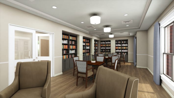 Cozy library interior with bookshelves and seating areas