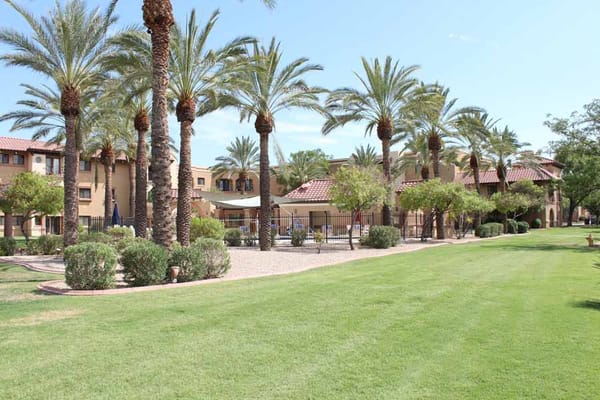 Exterior view of the facility with palm trees and lawn