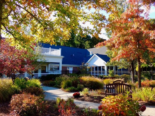 Beautiful outdoor space with colorful foliage and seating area