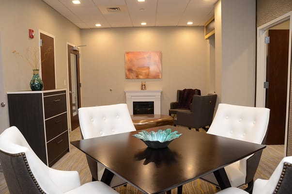 Cozy living room with modern furniture and a fireplace