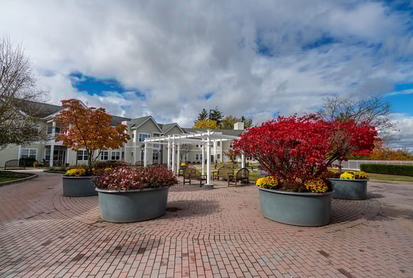Outdoor seating area with colorful trees and flowers