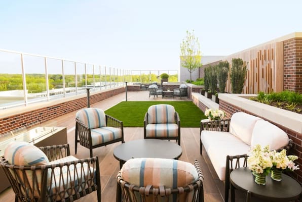 Comfortable seating area on a rooftop terrace with greenery