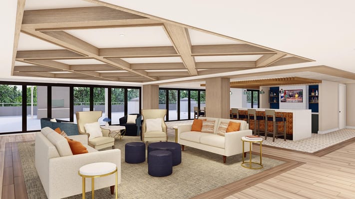 Bright and inviting lounge area with comfortable seating and a bar