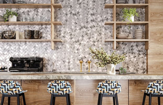 Contemporary kitchen with a marble countertop and stylish shelving
