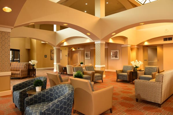 Bright, spacious common area with seating