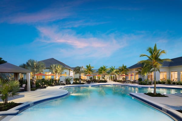 Outdoor pool surrounded by palm trees and lounge areas