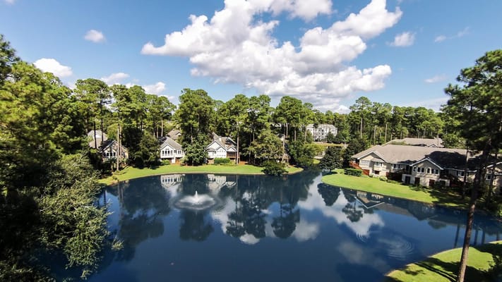 Scenic view of a lake surrounded by greenery and homes