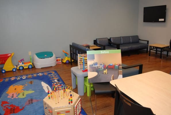 Interior view of a playroom with toys and seating