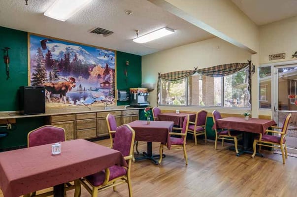 Interior view of a dining room with tables