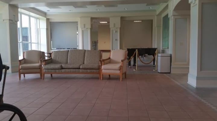 Comfortable seating in the lobby of Woldenberg Village