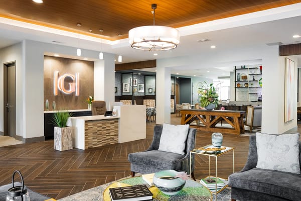 Modern reception area with wooden accents and seating
