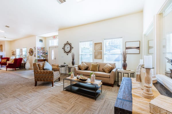 Bright and inviting common area with seating