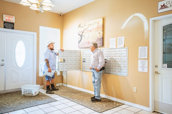 Two men discussing in a common area with mailboxes