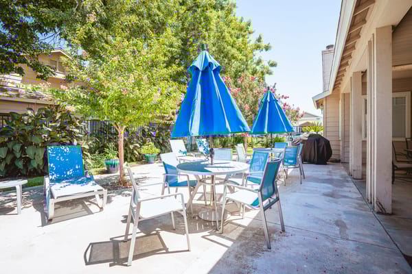 Outdoor seating area with blue umbrellas and chairs