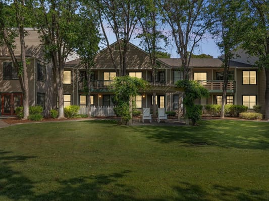 Exterior view of the assisted living facility's building and garden area