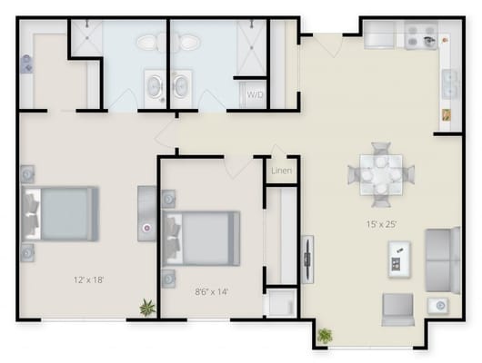 Architectural floor plan of a two-bedroom unit