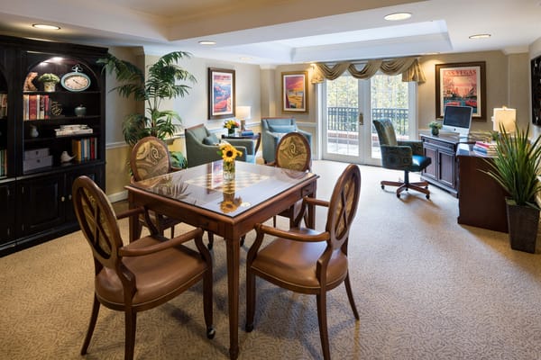 Bright common area with seating and decor