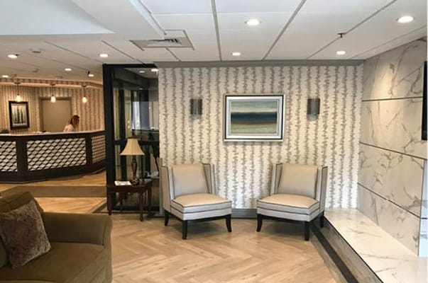 Common area seating in a nursing home lobby