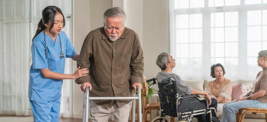 Caregiver assisting a resident in a bright common area