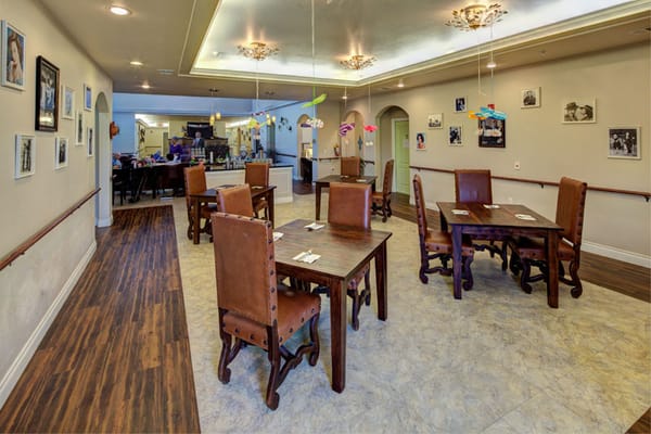 Dining area with wooden tables and decorations