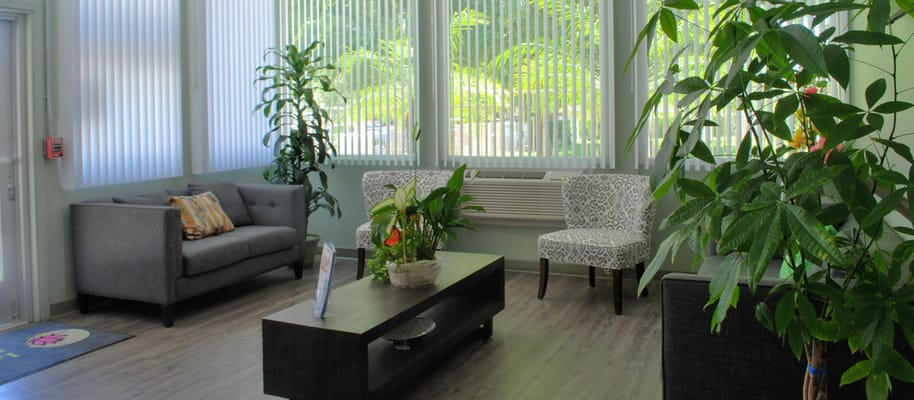 Bright interior lounge area with plants and seating
