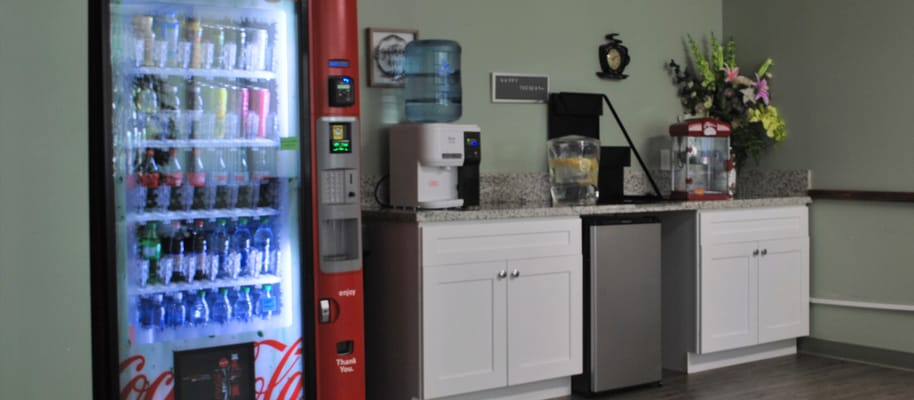 Vending area with drinks and water dispenser