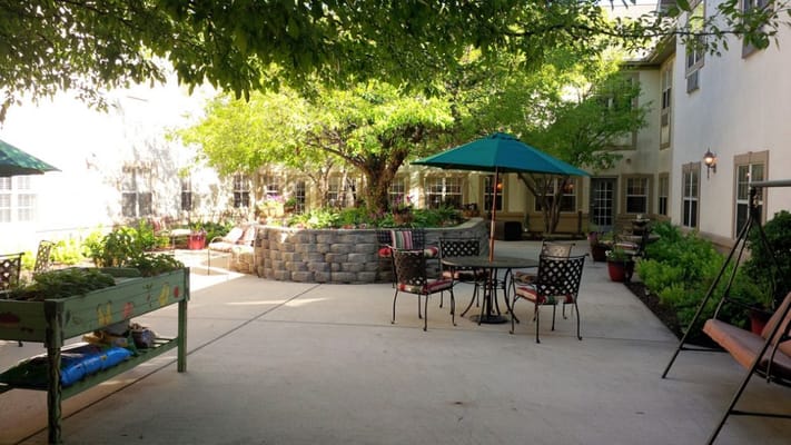 Outdoor seating area with greenery and shaded tables