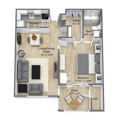 Architectural floor plan of a one-bedroom unit