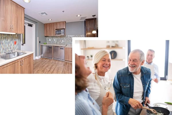Residents enjoying cooking in a bright kitchen space