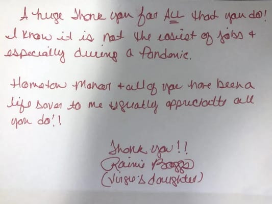 Handwritten thank you note expressing gratitude