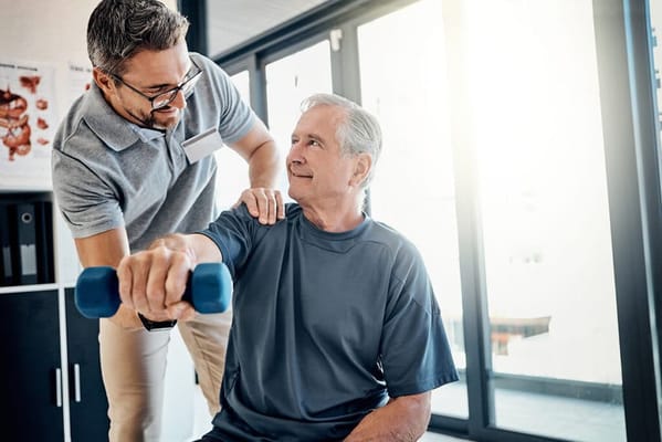 Staff assisting a resident with weight training in a bright room