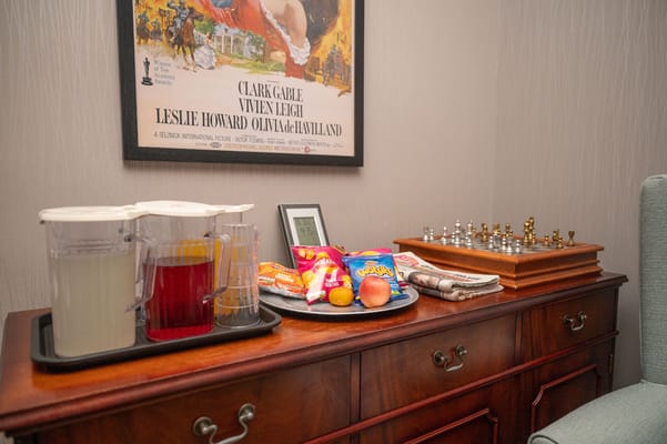 Snacks and drinks in an indoor lounge area