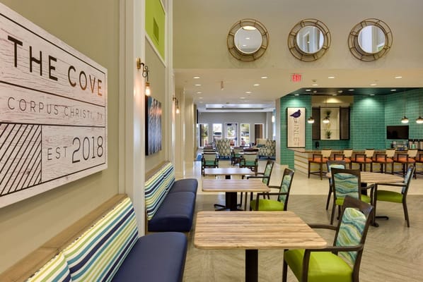 Interior view of a dining area with seating