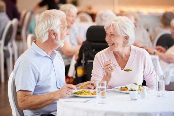 Two seniors enjoying a meal in the dining area