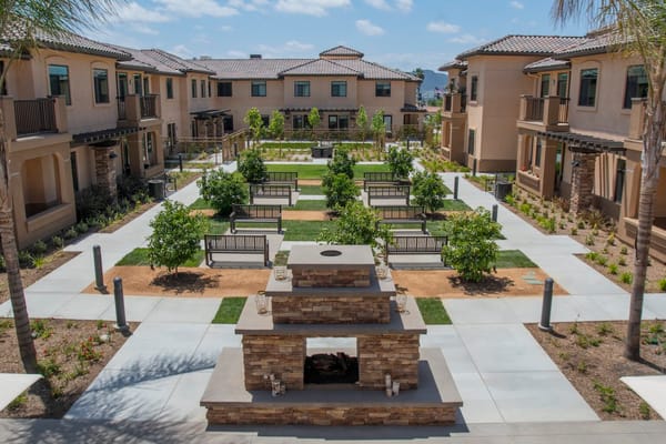 Beautiful outdoor courtyard with seating and landscaping
