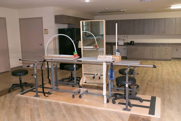 Rehabilitation area with mirrors and therapy equipment