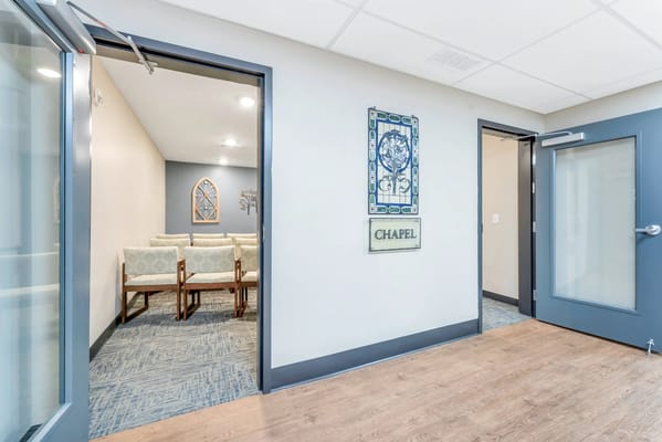 Interior view of a chapel with seating