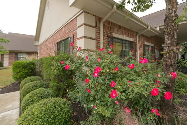 Exterior view of a building with flowers and landscaping