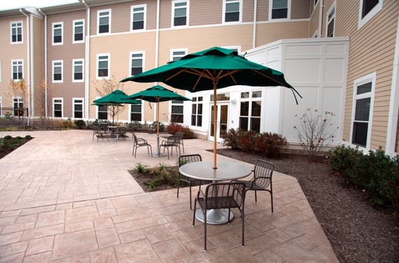 Outdoor seating area with umbrellas and tables