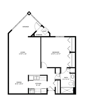 Architectural floor plan of a one-bedroom unit