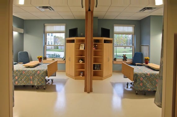 A double resident room with two beds and decorations