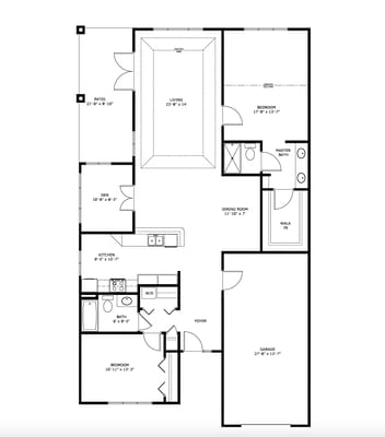 Architectural floor plan with labeled rooms and dimensions