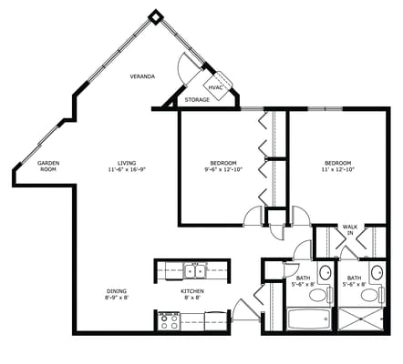 Architectural floor plan of a two-bedroom unit